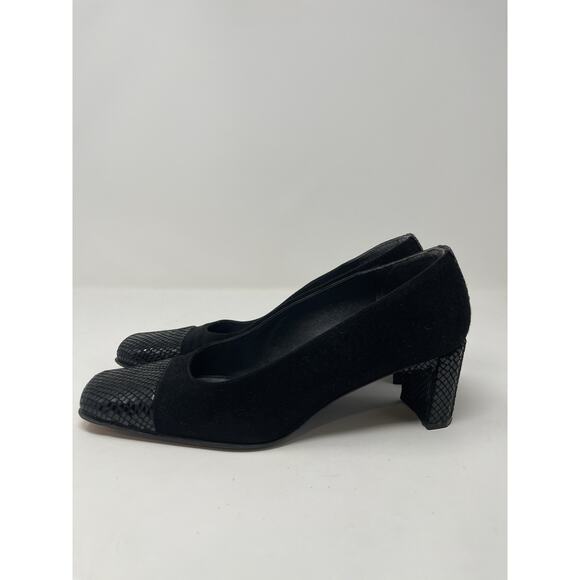 Vintage Stuart Weitzman Black Suede and Snakeskin Square Toe Pumps size 8 .5 B - Picture 3 of 13